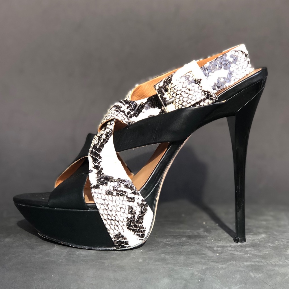 L.A.M.B. Black and Snake Print Sandals